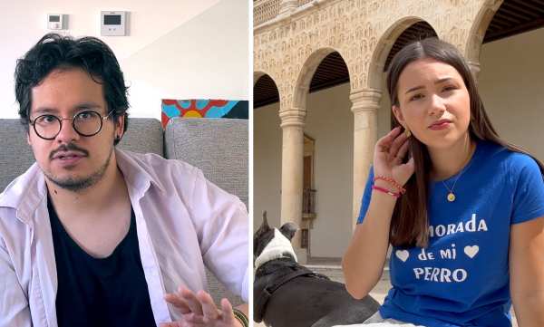 Un joven mexicano habla con una chica española que está en un parque con su perro
